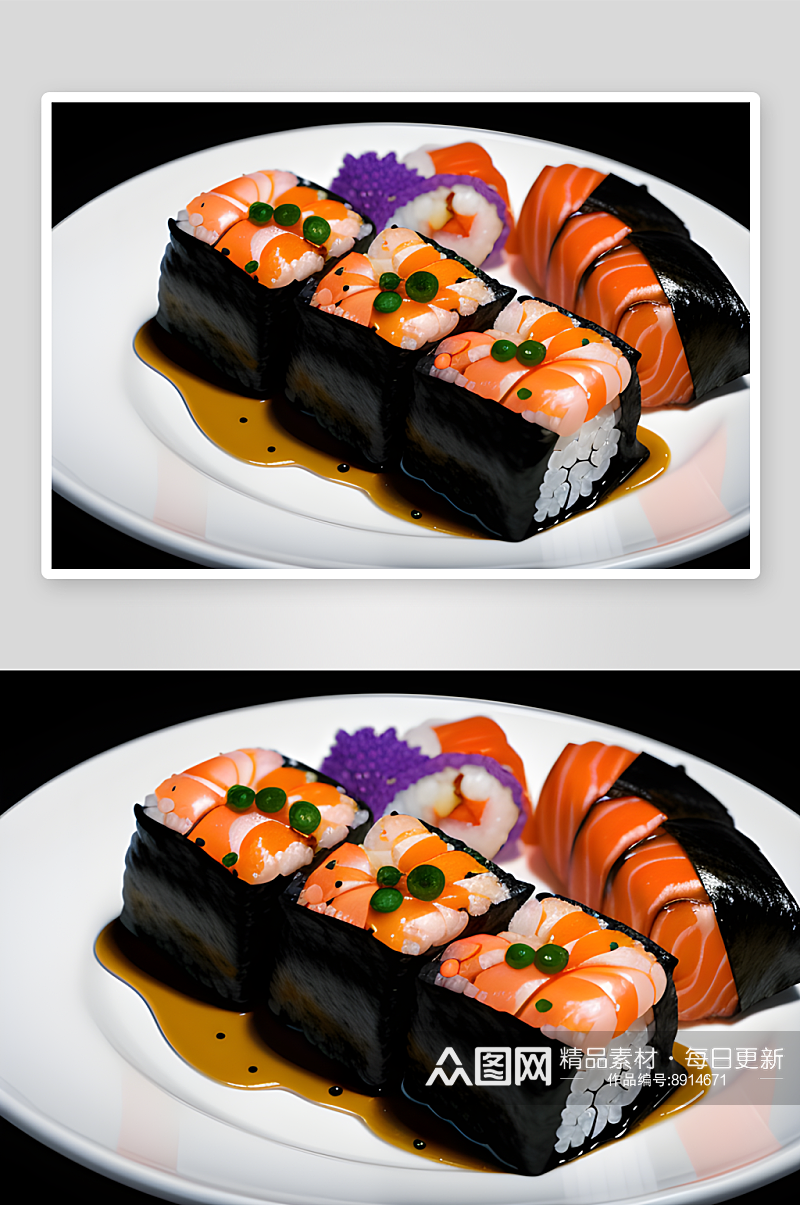 虾子鱼子酱寿司超写实的黑色背景素材