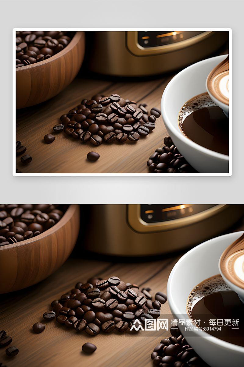 咖啡豆环绕下的温馨产品摄影场景素材