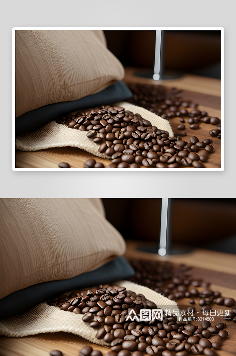 咖啡豆环绕下的温馨产品摄影场景素材