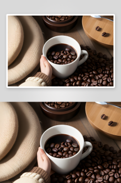 咖啡豆点缀的舒适产品摄影现场