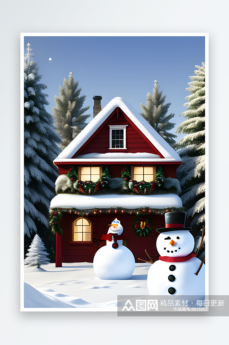 圣诞房屋和雪人的欢乐素材