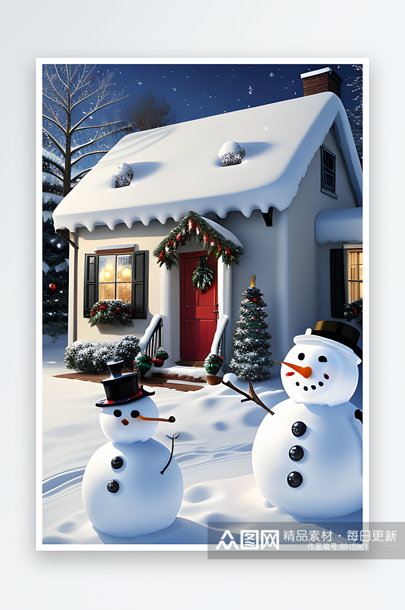雪人与圣诞屋的温馨场景素材