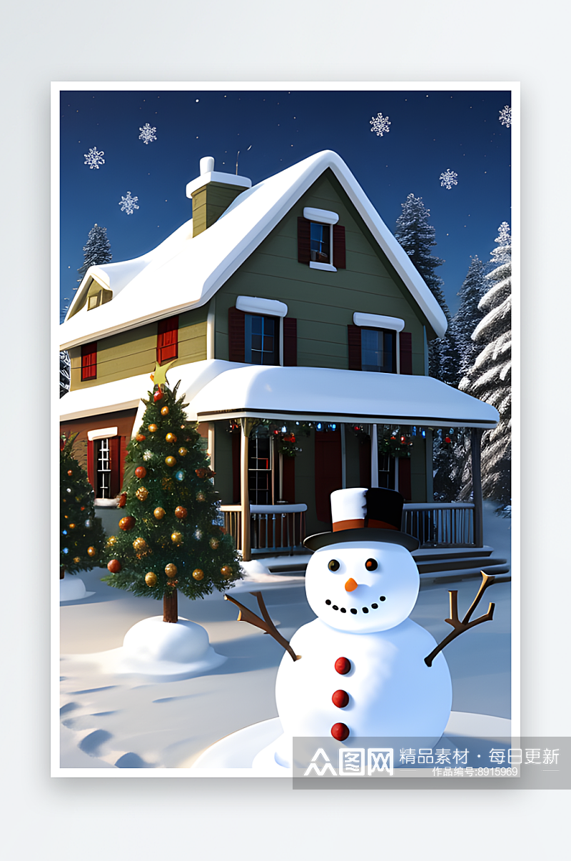 雪人和圣诞屋的美丽时刻素材