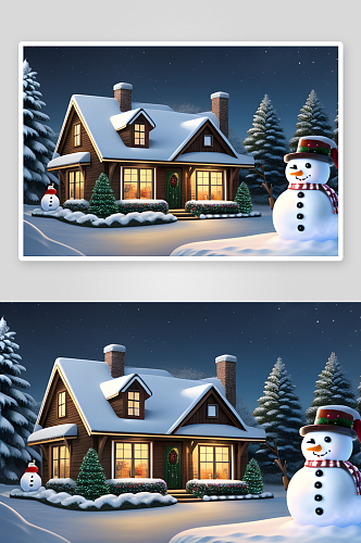 雪人与圣诞屋的温馨场景