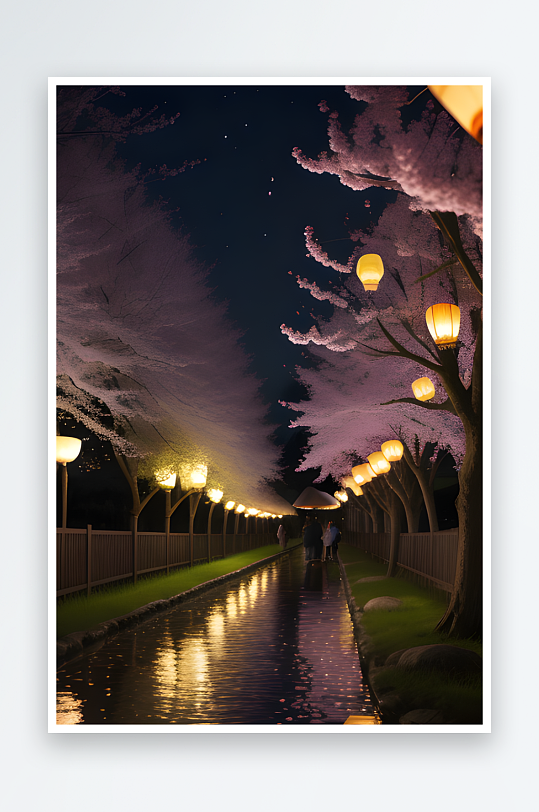 宣纸灯笼之夜街道挂满的柔光景象