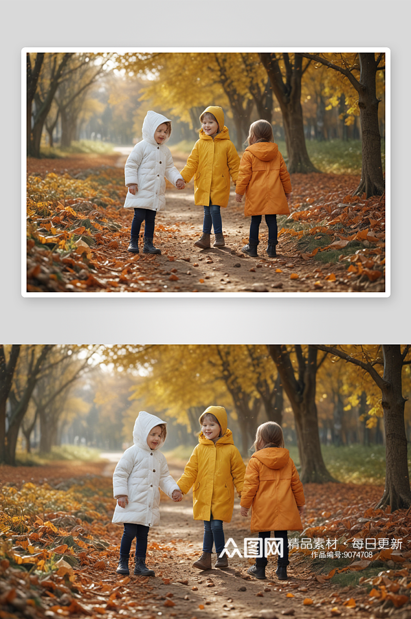 秋冬季节下午的时尚儿童羽绒服脱颖而出素材