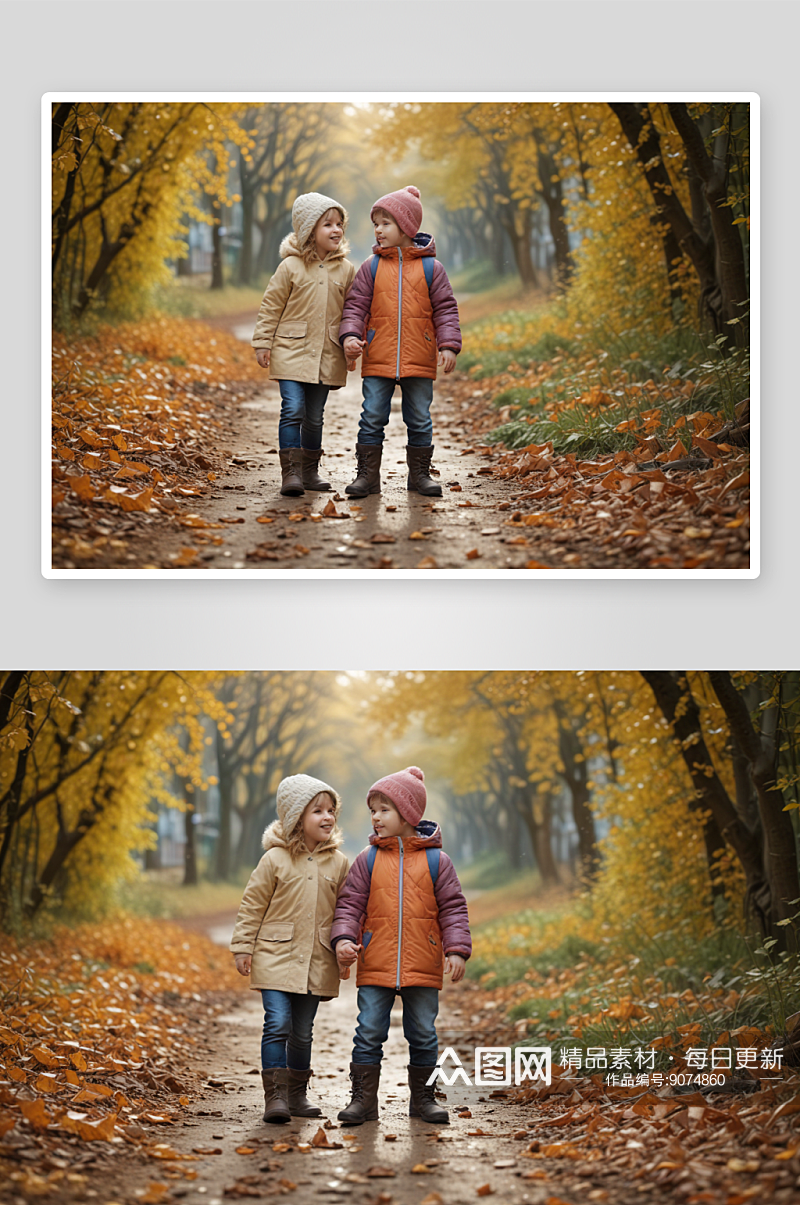 强调凉爽气候的儿童穿着秋冬季节时尚素材