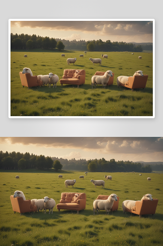 草地上的多款风格沙发与绵羊共享
