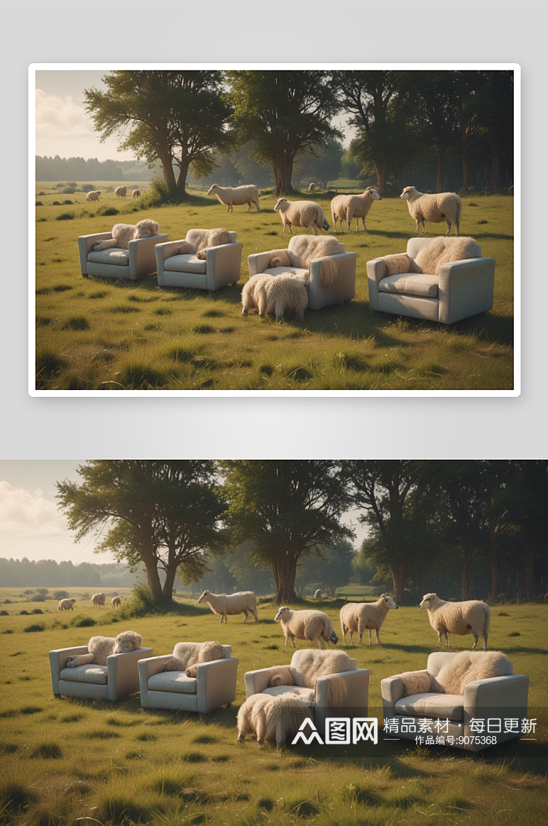 绵羊在草地上与各式沙发相伴素材