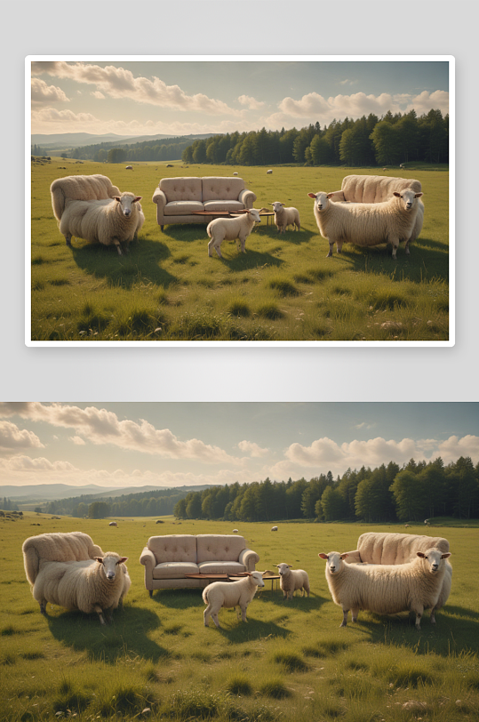 绵羊在草地上与各式沙发相伴
