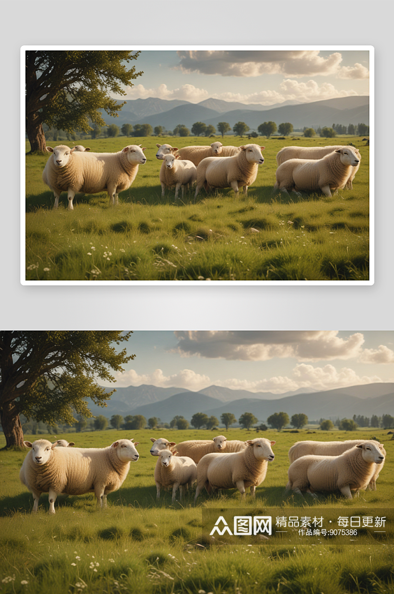 绵羊在草地上与各式沙发相伴素材