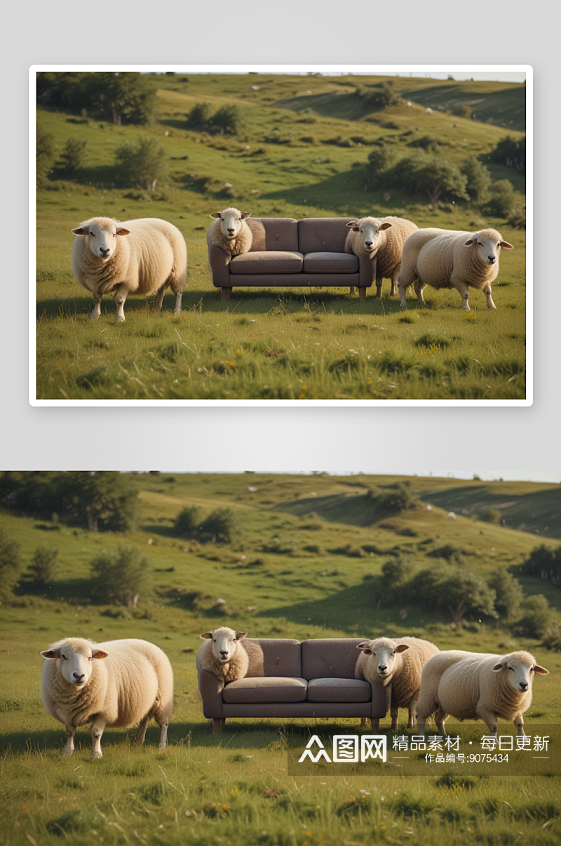 草地上沙发搭配可爱绵羊素材