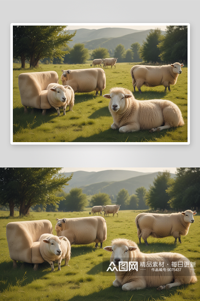 草地上沙发搭配可爱绵羊素材
