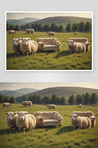与绵羊共享草地上的沙发
