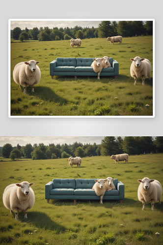 与绵羊共享草地上的沙发
