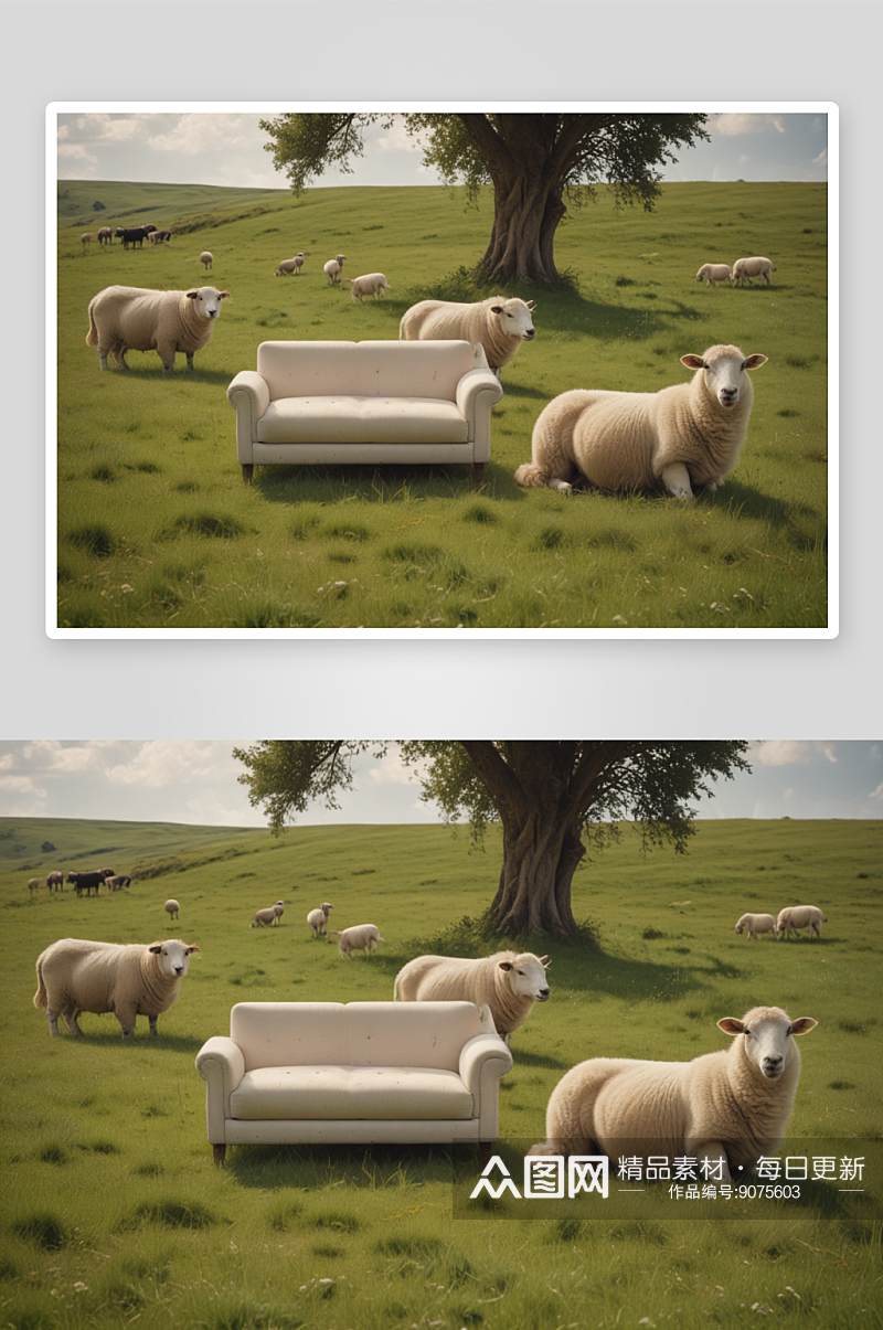 沙发与绵羊共同点缀草地素材