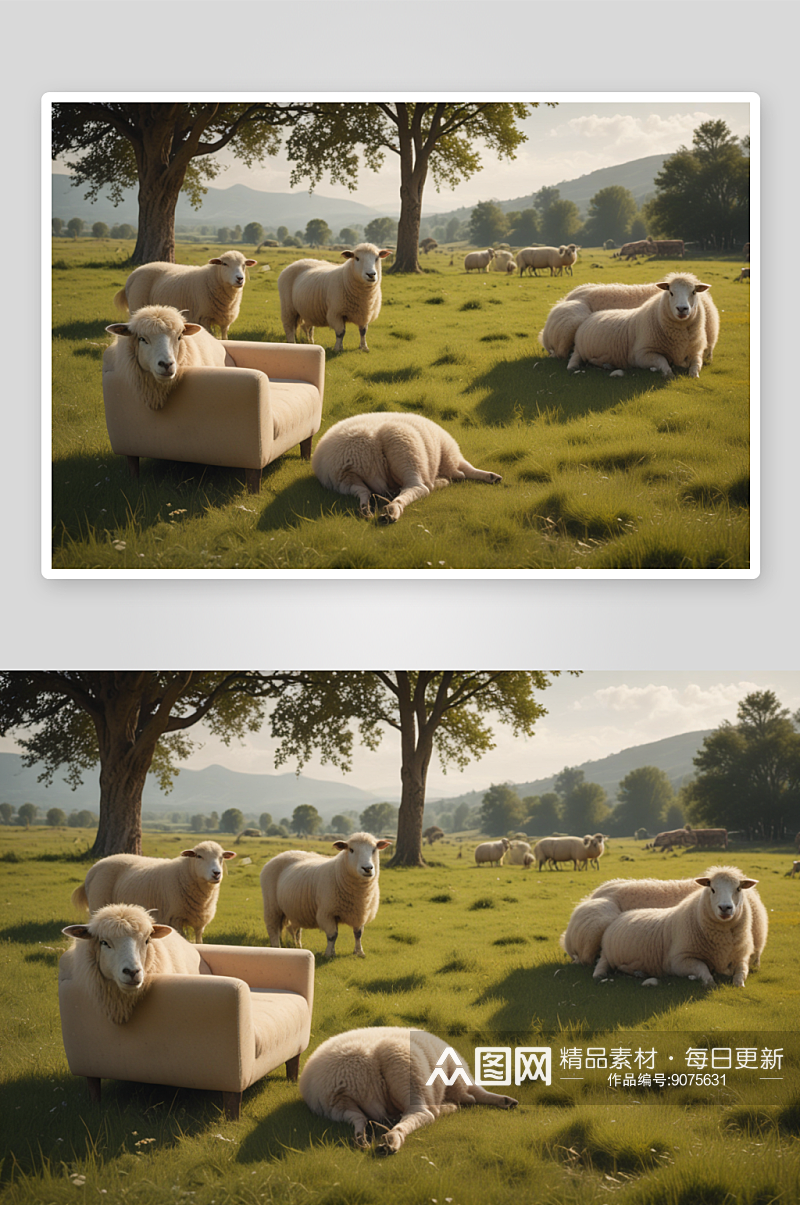 沙发与绵羊共同点缀草地素材