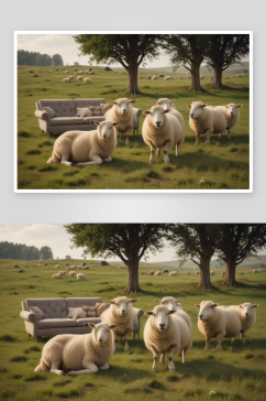 沙发与绵羊共同点缀草地