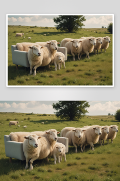 沙发与绵羊共同点缀草地