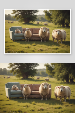 草地上放置沙发，绵羊入座