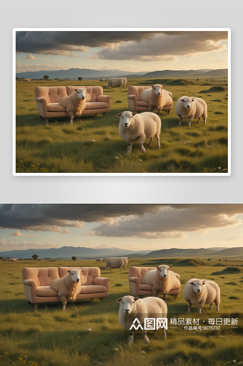 草地上放置沙发，绵羊入座素材