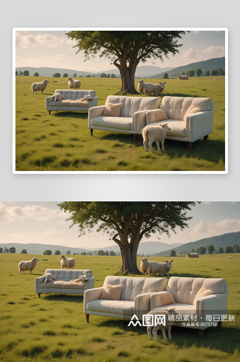 草地上放置沙发，绵羊入座素材