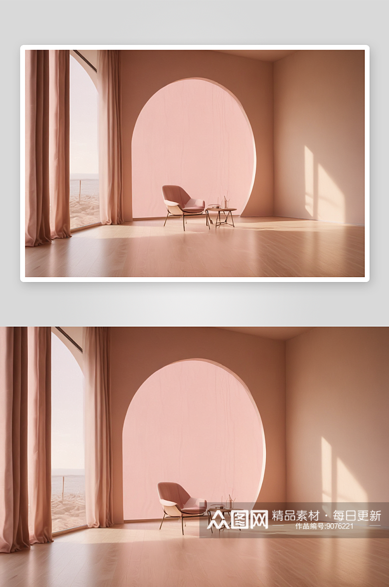 室内设计粉红色墙壁与木地板的温馨空间素材