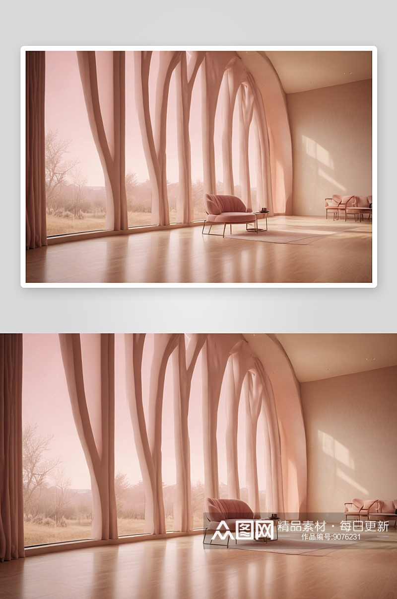 室内设计粉红色墙壁与木地板的温馨空间素材