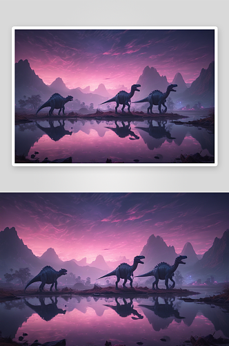 外星风景中恐龙靠近水域的电影般景象