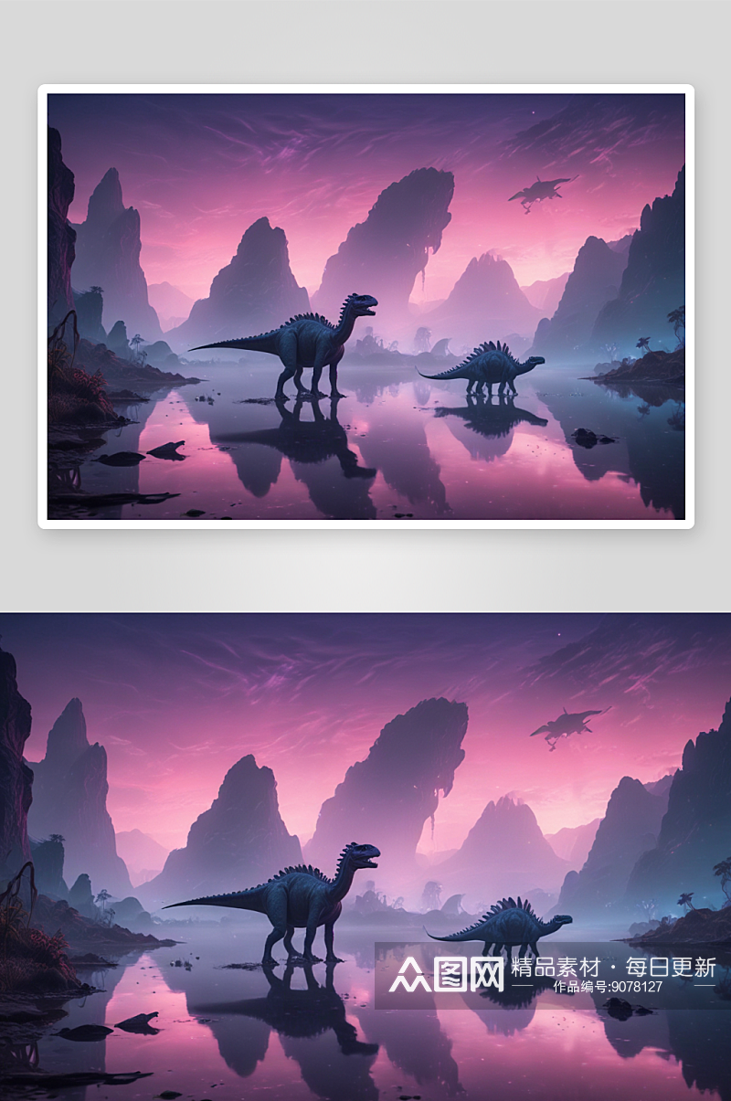 外星风景中恐龙靠近水域的电影般景象素材