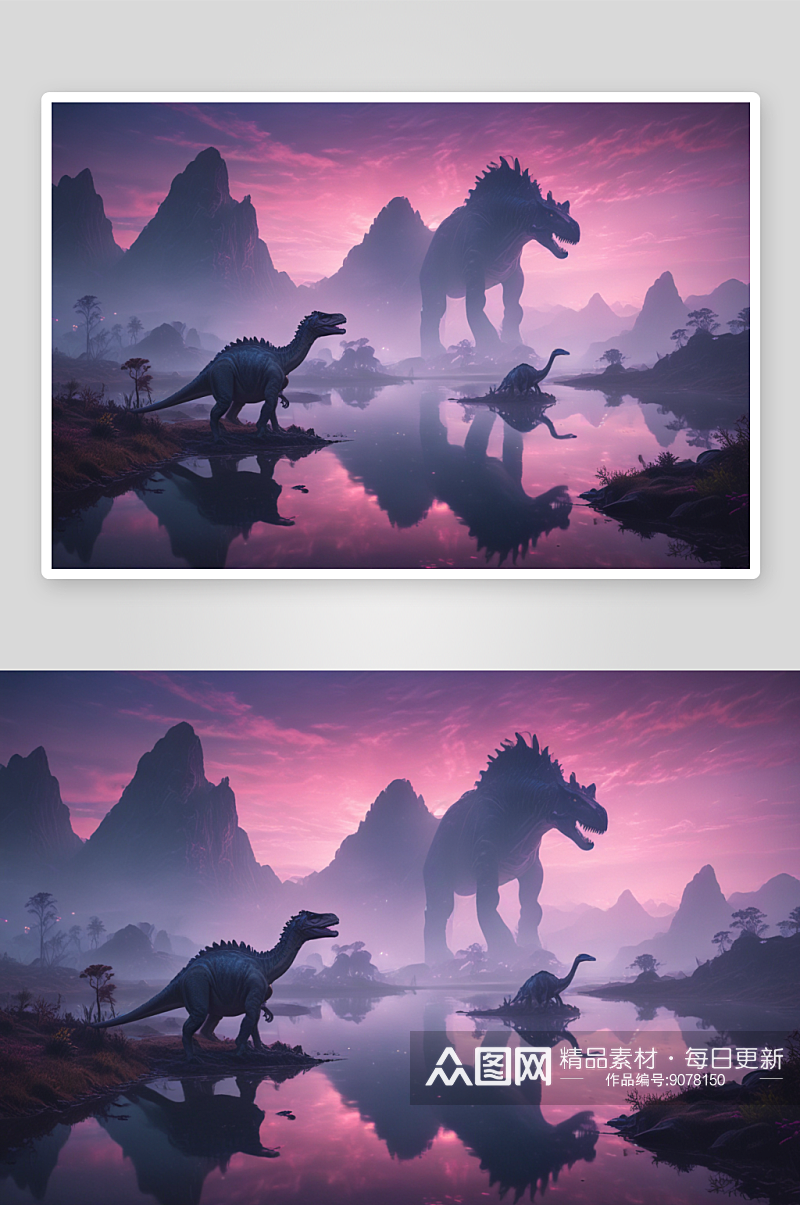 外星风景中恐龙靠近水域的电影般景象素材