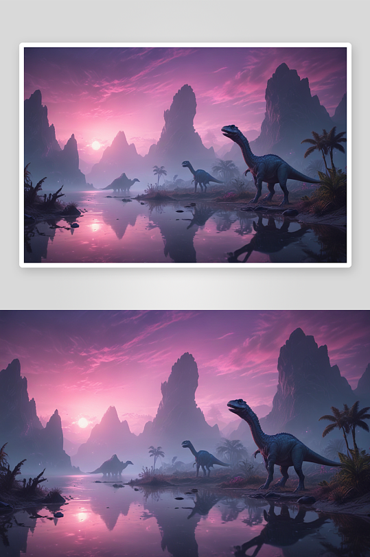 外星风景中恐龙靠近水域的电影般景象