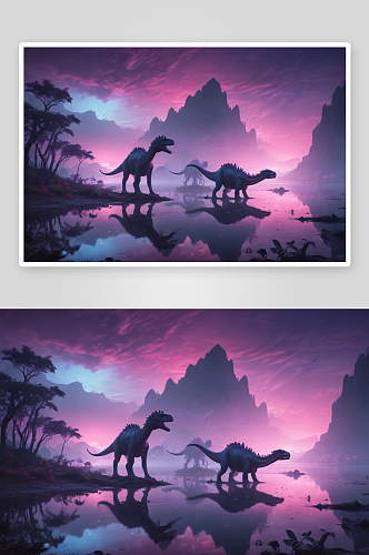 粉蓝色光照下的外星风景中恐龙靠近水域