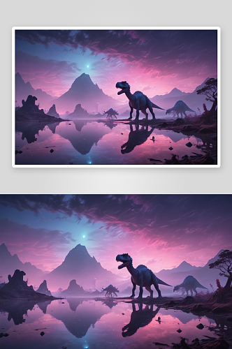 粉蓝色光照下的外星风景中恐龙靠近水域
