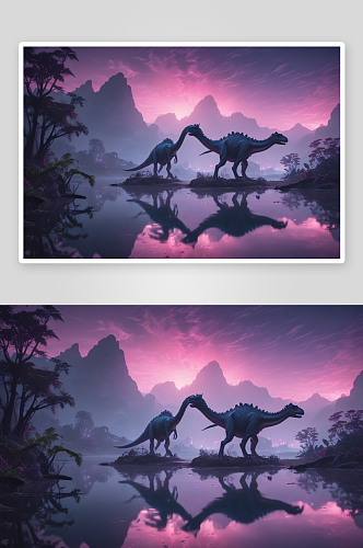 粉蓝色光照下外星风景中恐龙靠近水域的景象