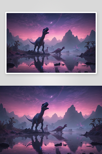 粉蓝色光照下外星风景中恐龙靠近水域的景象