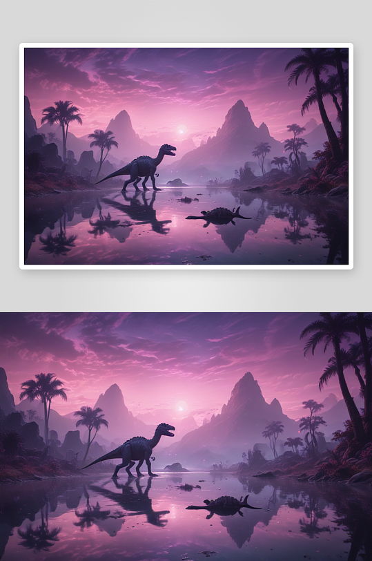 外星风景中恐龙在水边的电影般景象