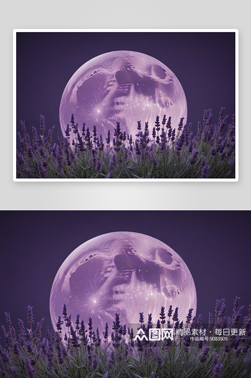薰衣草之夜紫色满月照亮夜景素材