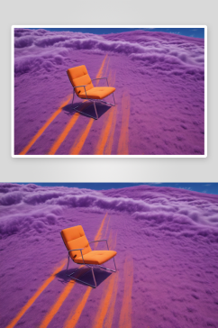 橙色神奇蓝天中飘飞的地毯上的紫色椅子