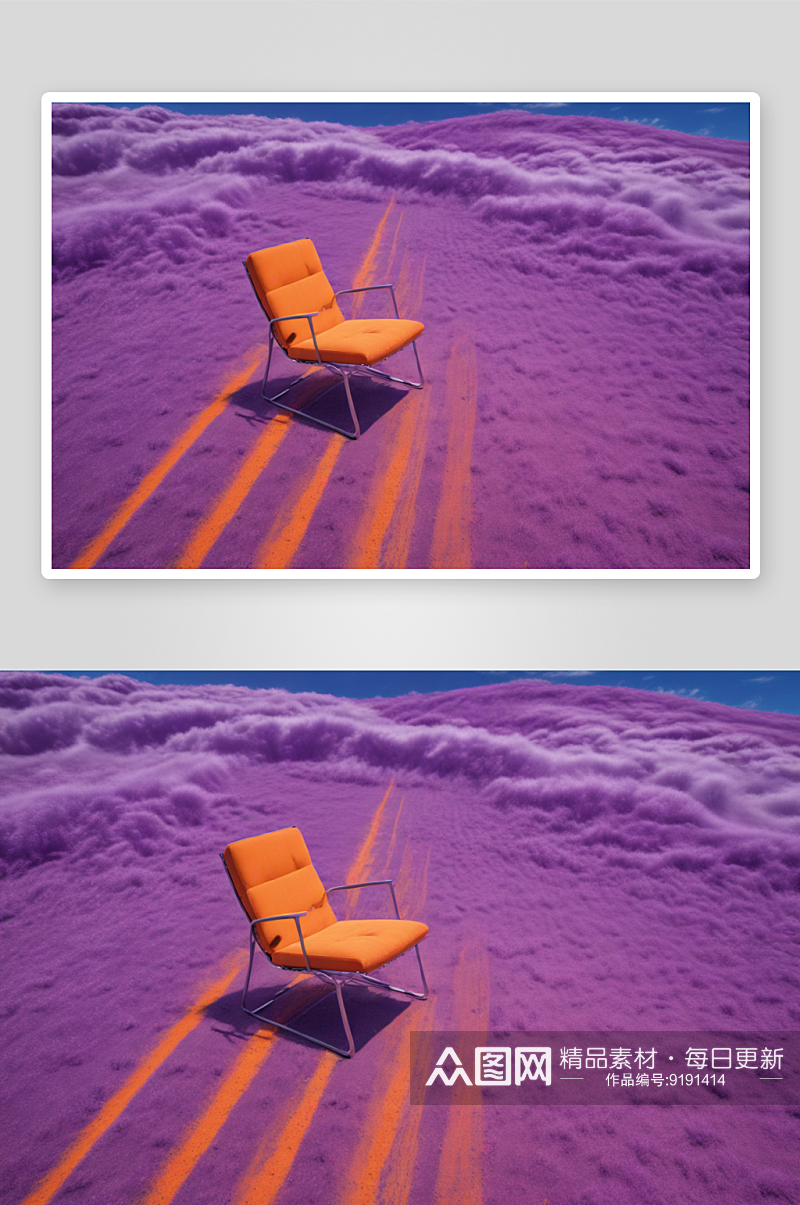 橙色神奇蓝天中飘飞的地毯上的紫色椅子素材