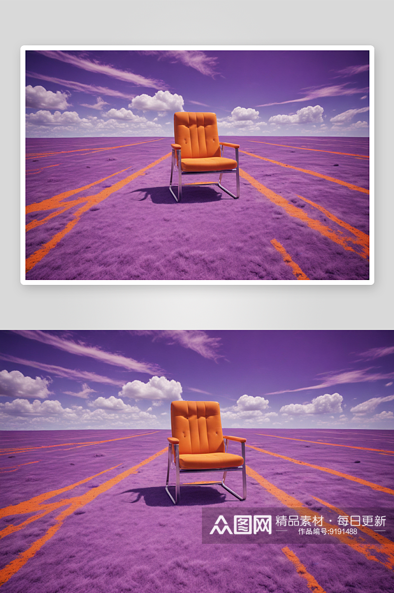 奇妙的橙色地毯紫色椅子在蔚蓝天空中飞翔素材
