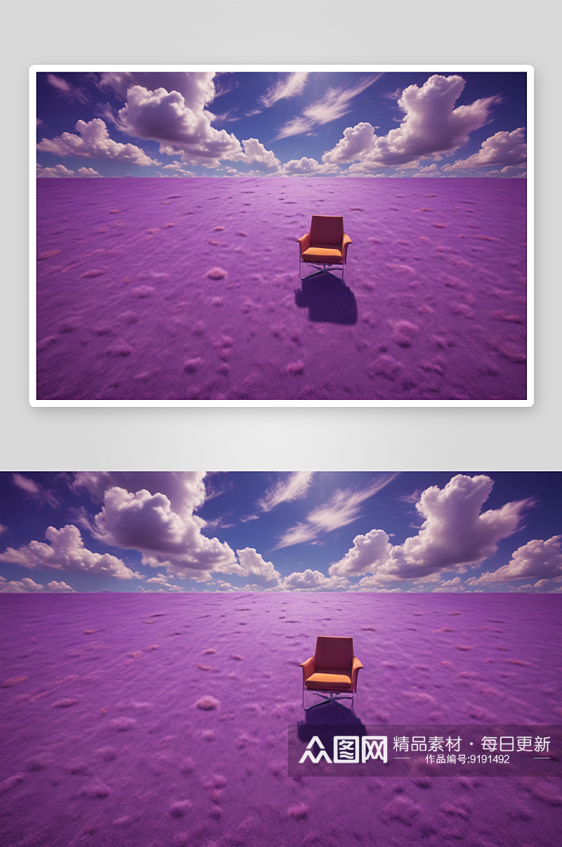 奇妙的橙色地毯紫色椅子在蔚蓝天空中飞翔素材