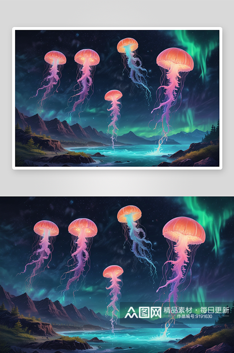 夜空之舞磷光水母与极光交织的梦幻飞舞素材