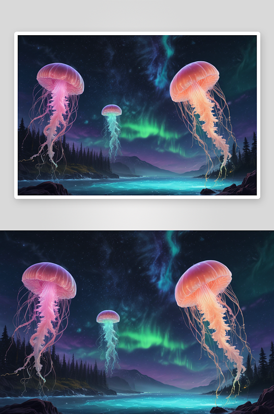 极光奇观夜空中磷光水母如梦境般的多彩表演