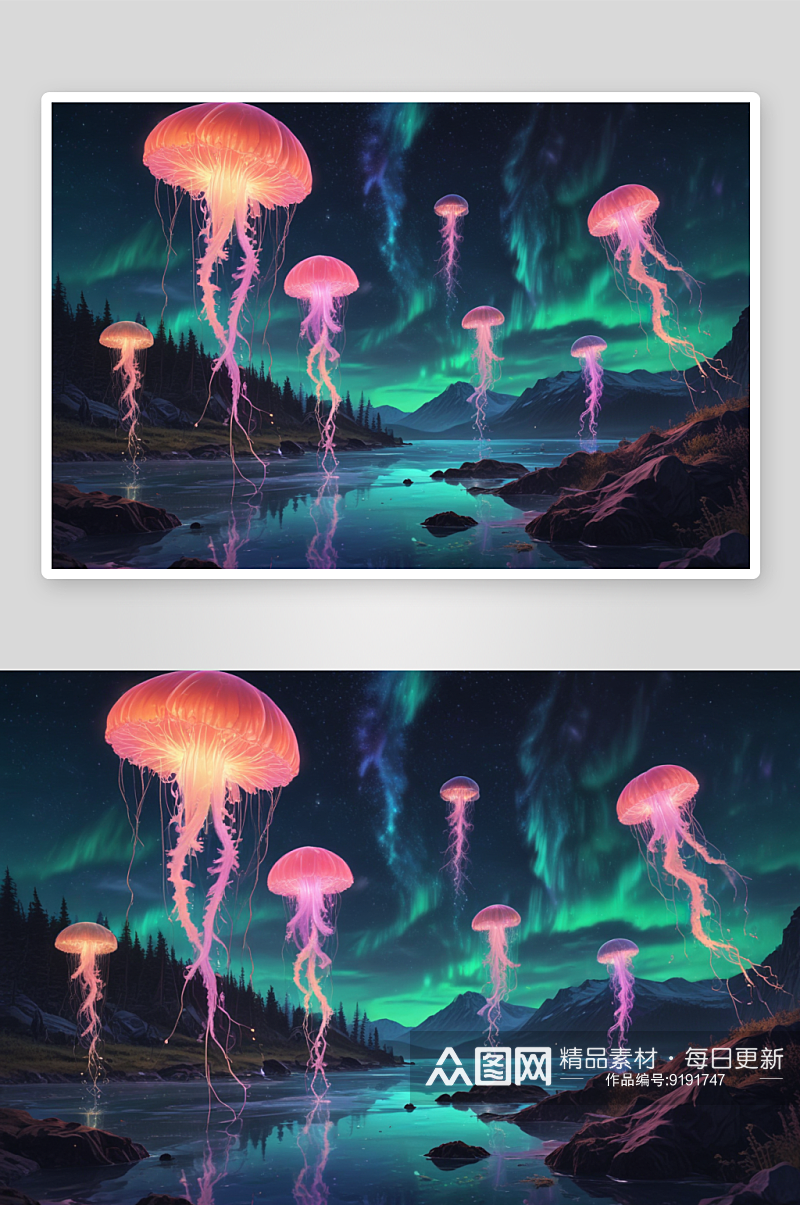 夜空之舞磷光水母与极光交织的梦幻飞舞素材