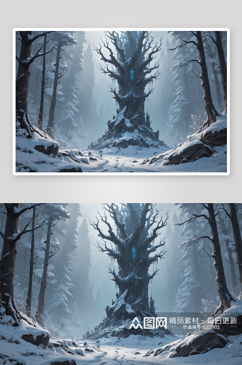 冬季电影风格穿越寒冷森林的壮丽探险素材