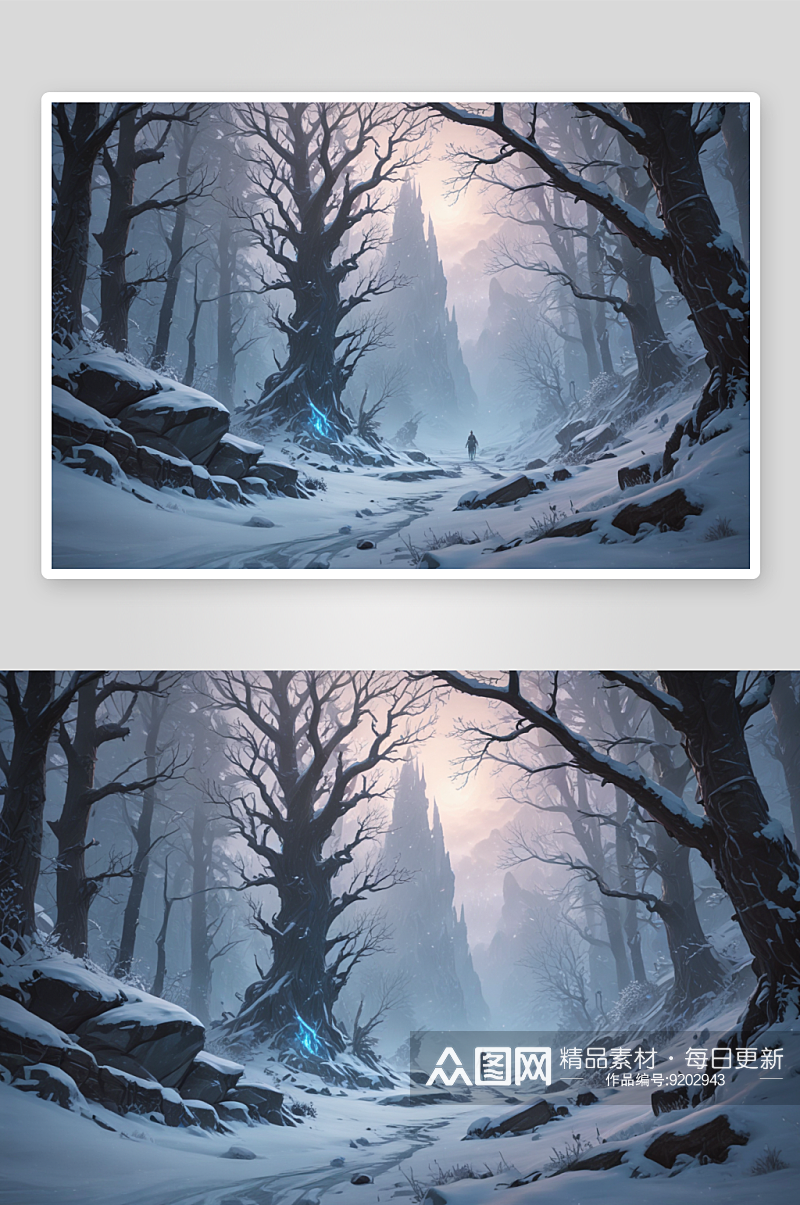 冬季电影风格穿越寒冷森林的壮丽探险素材