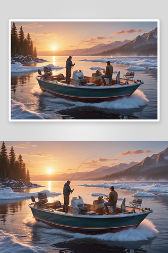 日出的男人和男孩在摩托艇上钓鱼