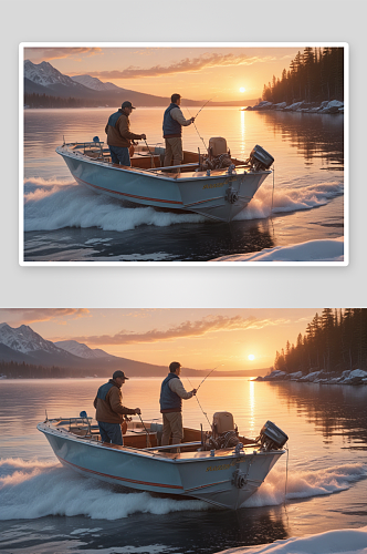 日出的男人和男孩在摩托艇上钓鱼