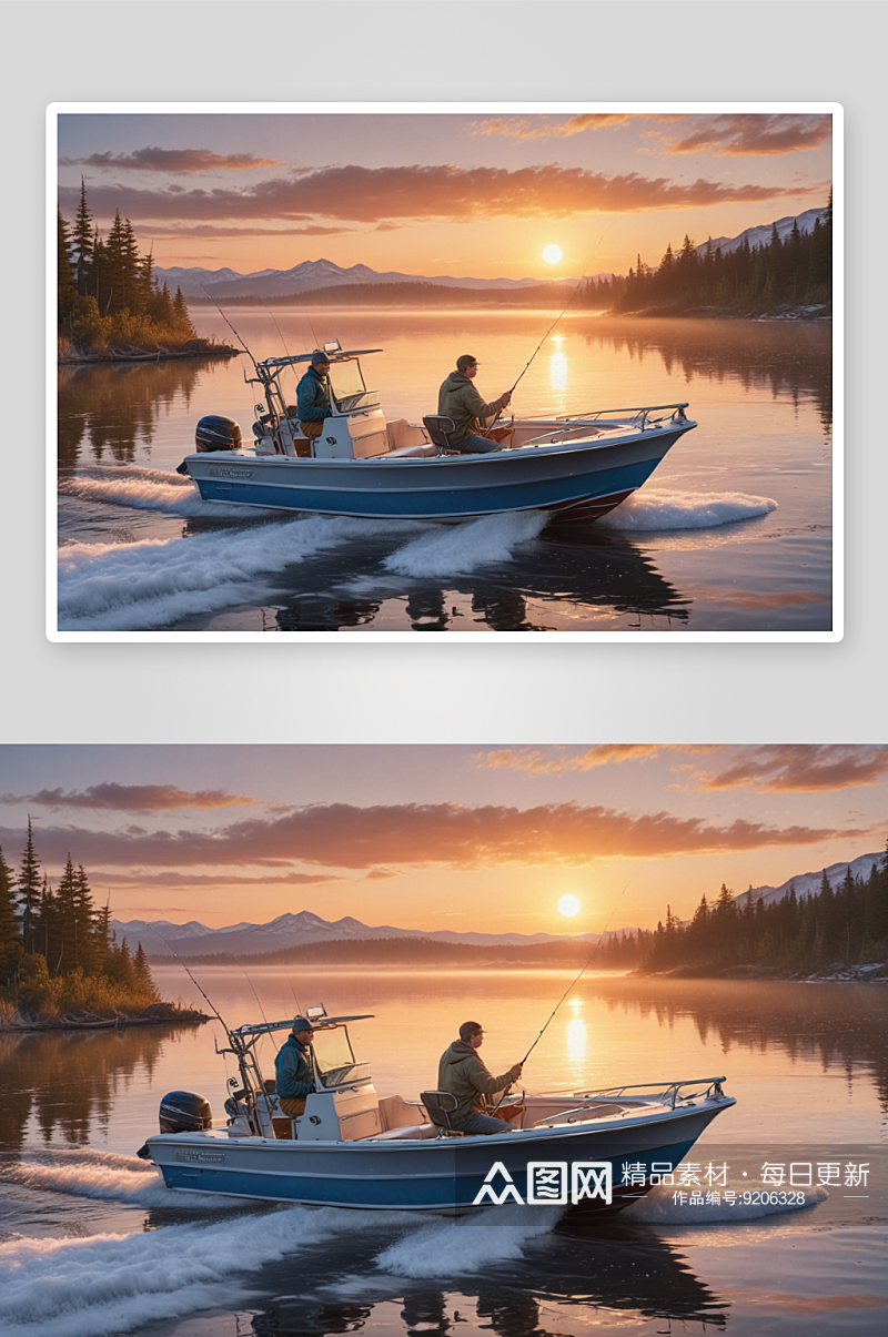 日出的男人和男孩在摩托艇上钓鱼素材